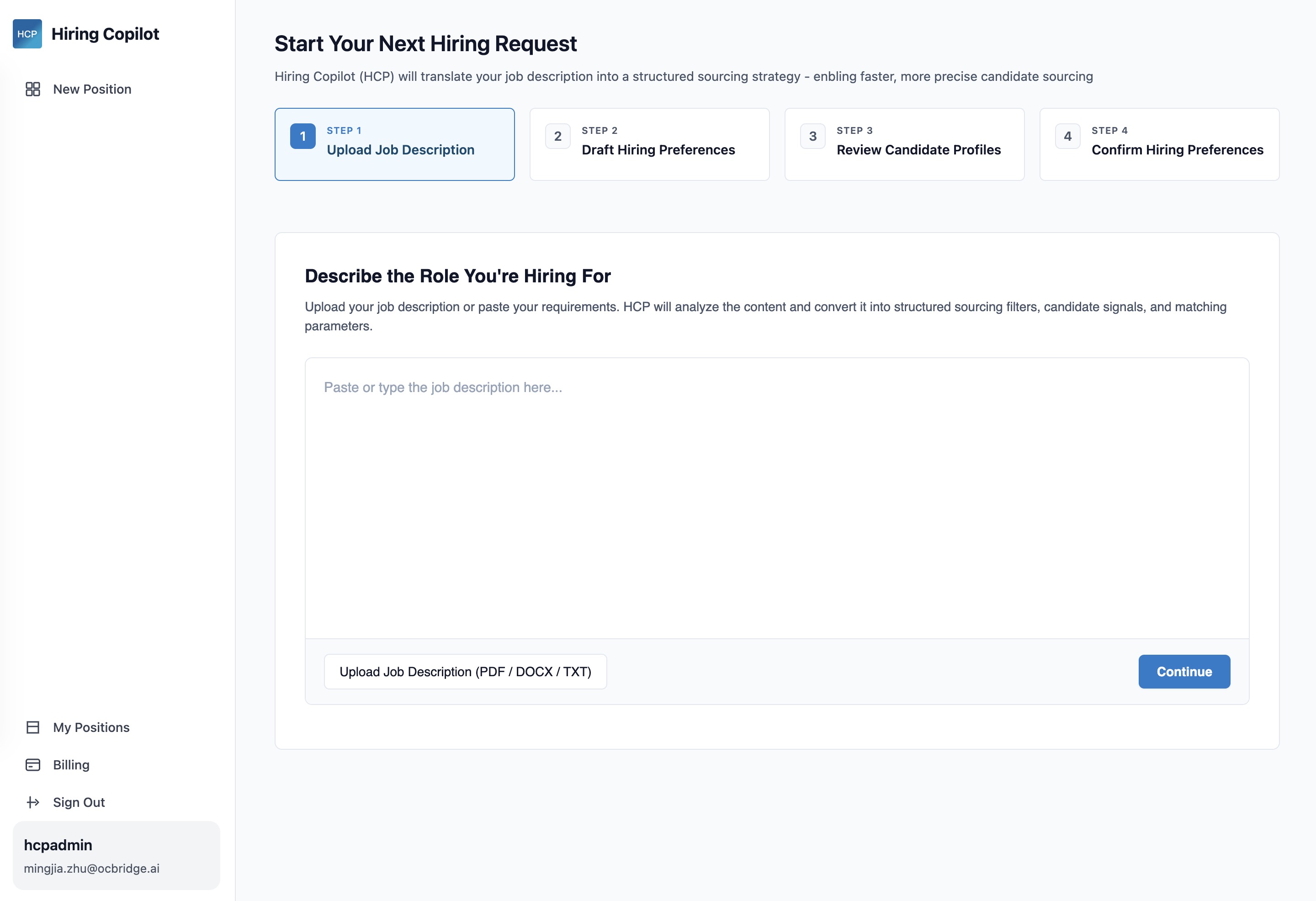Hiring Copilot intake screen