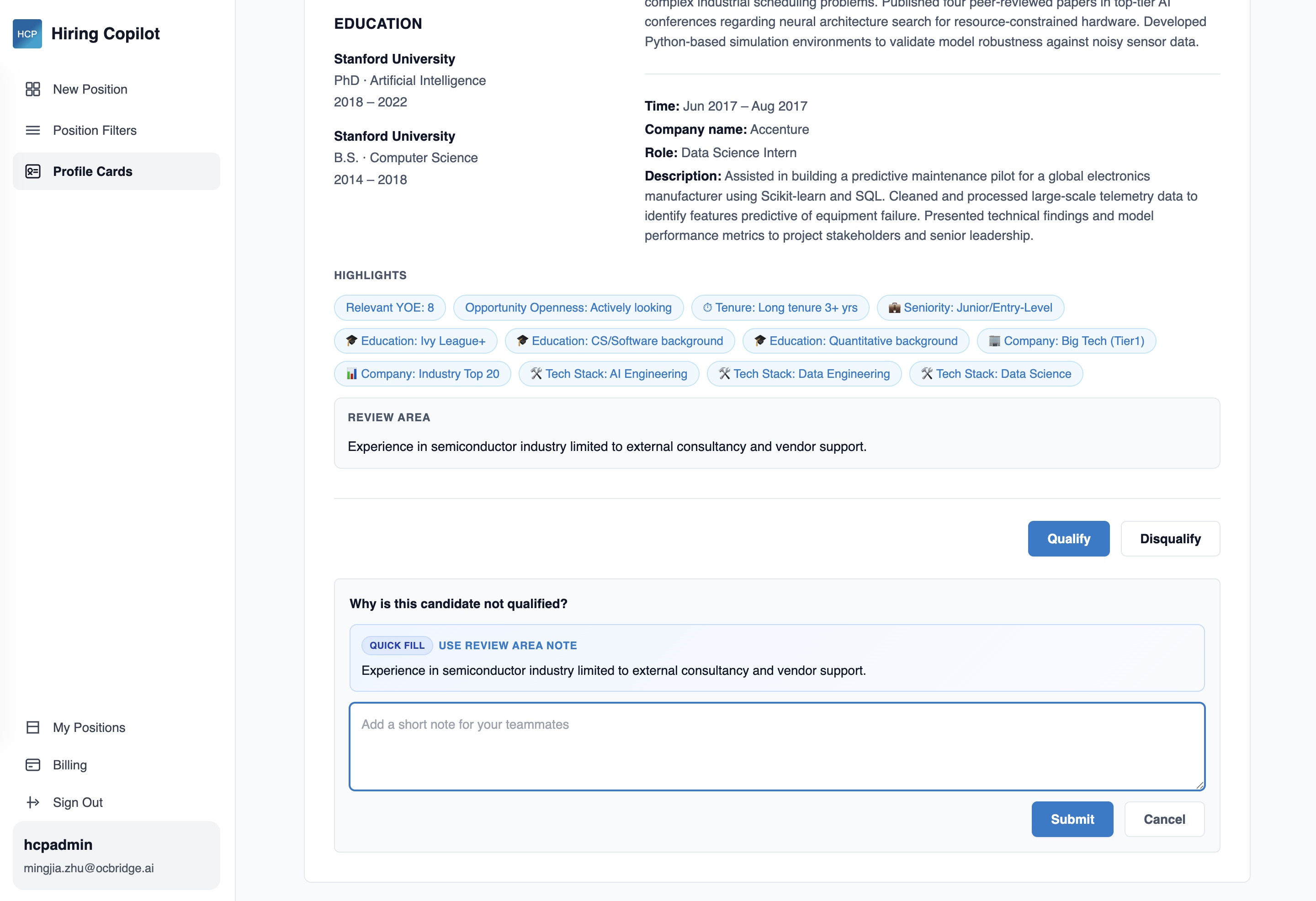 Second profile card screen
