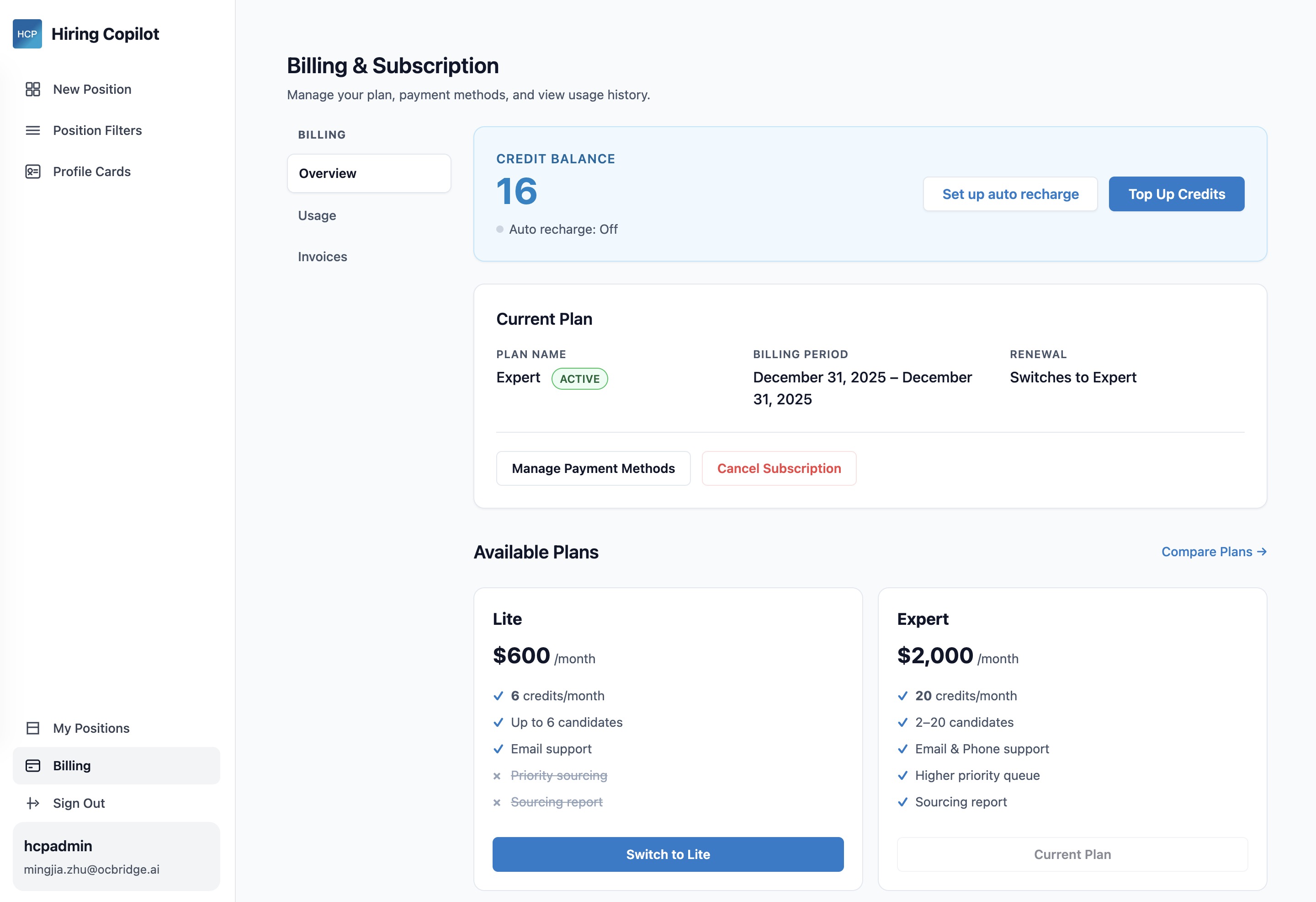 Billing management screen