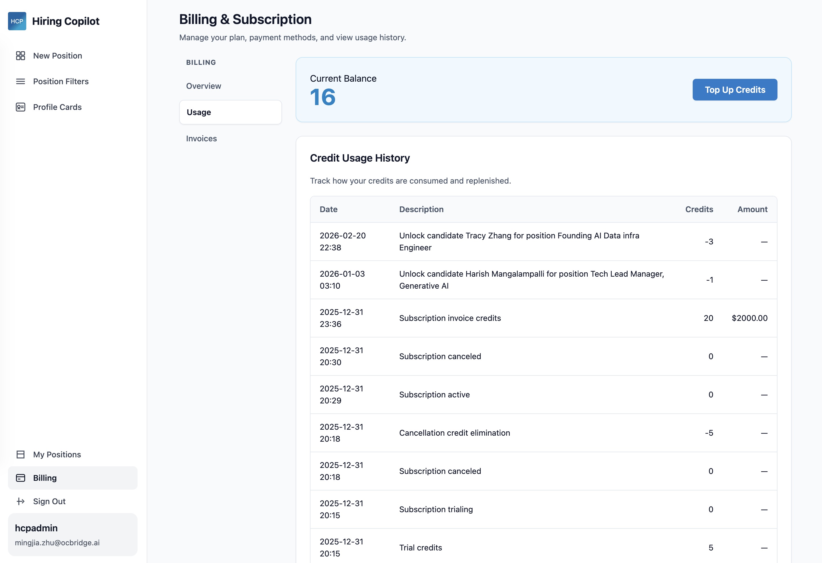 Usage management screen